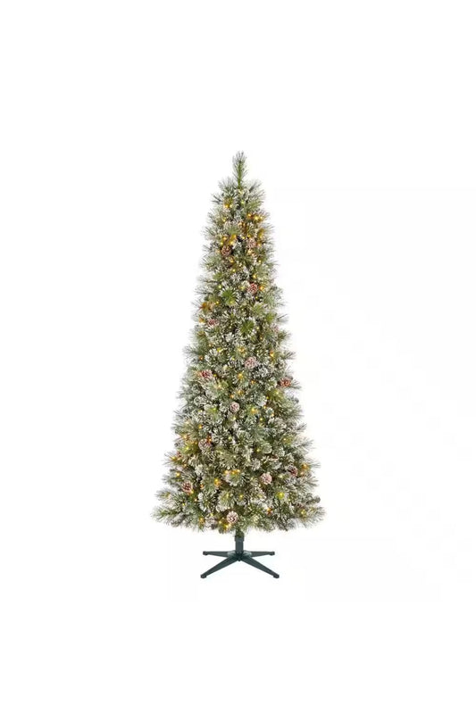Home Accents Holiday 7 ft. Pre-Lit LED Sparkling Amelia Frosted Slim Pine Artificial Christmas Tree with 300 Warm White Micro Fairy Lights Open Box