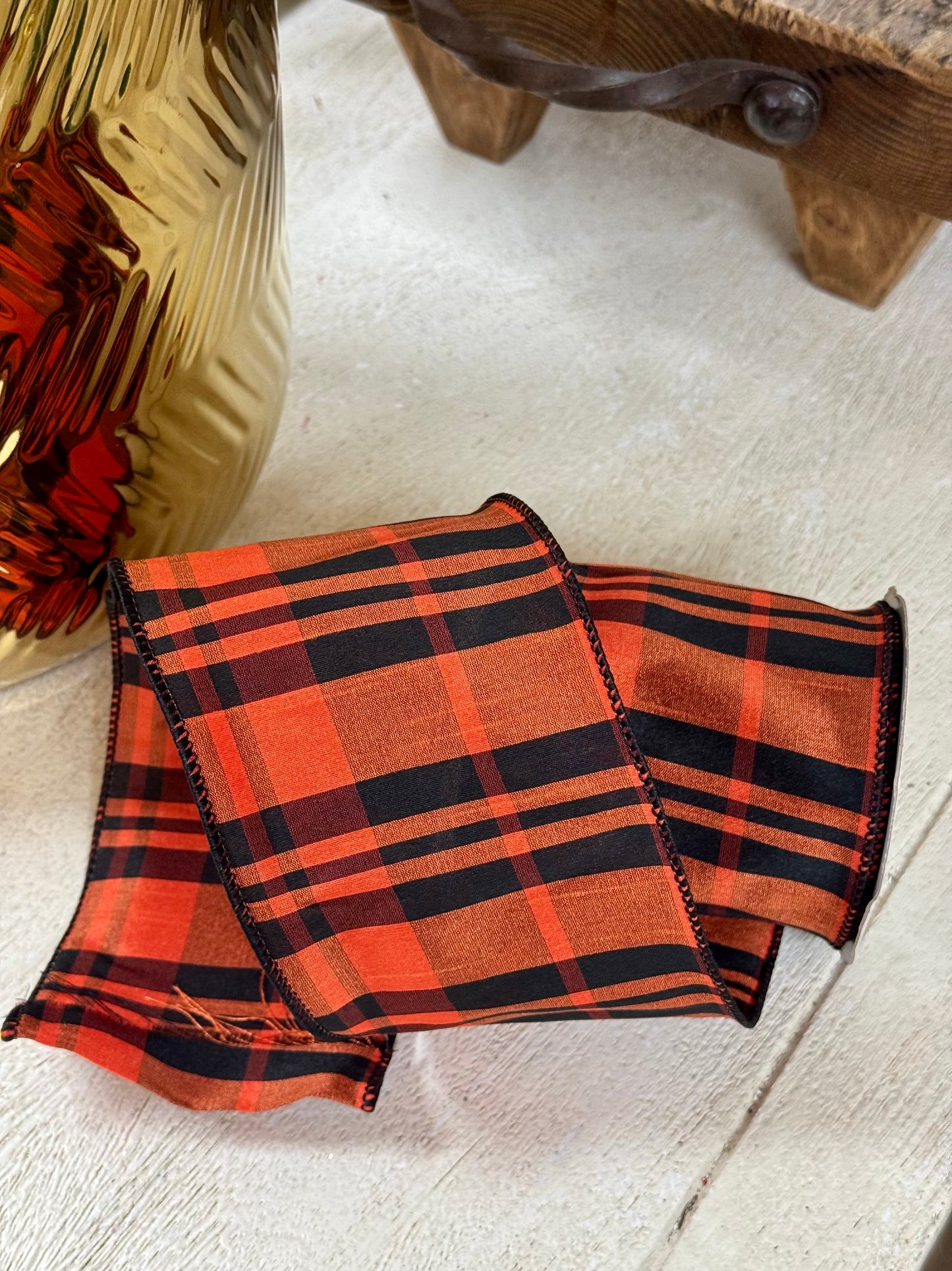 4 Inch By 10 Yard Burnt Orange And Black Dupioni Plaid Ribbon