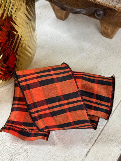 4 Inch By 10 Yard Burnt Orange And Black Dupioni Plaid Ribbon