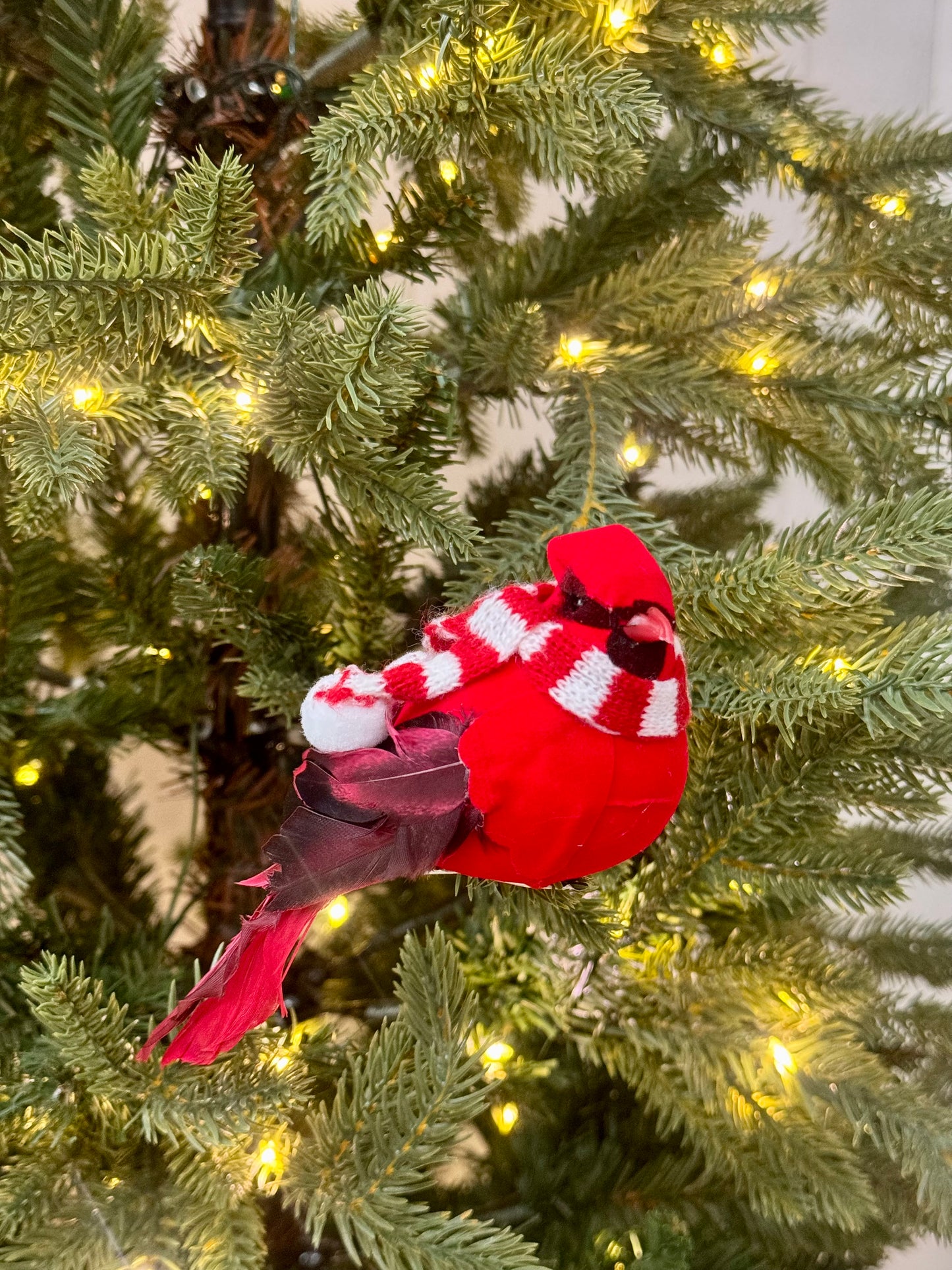 6.5 Inch Red Velvet Cardinal With Scarf Clip On Ornament