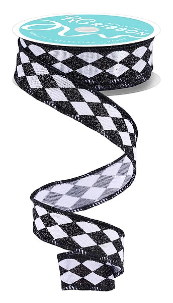 7/8 Inch By 10 Yard Black And White Glitter Harlequin Ribbon
