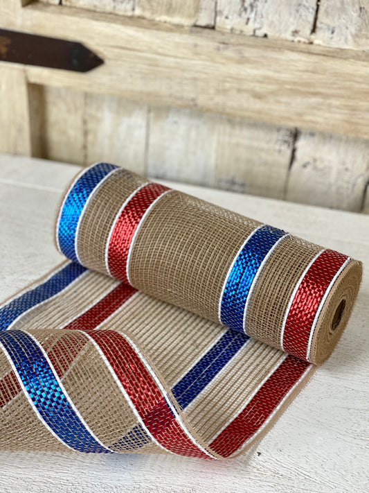 10.25 Inch By 10 Yard Red White Blue And Burlap Stripe Netting
