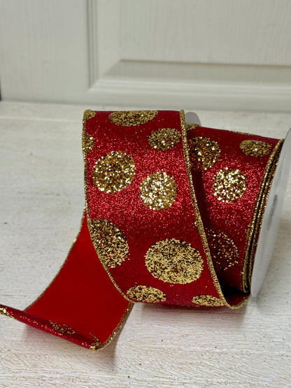 2.5 Inch By 10 Yard Red And Gold Glitter Polka Dot Ribbon