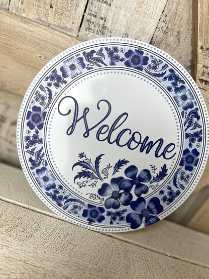 8 Inch Welcome Blue And White Metal Sign