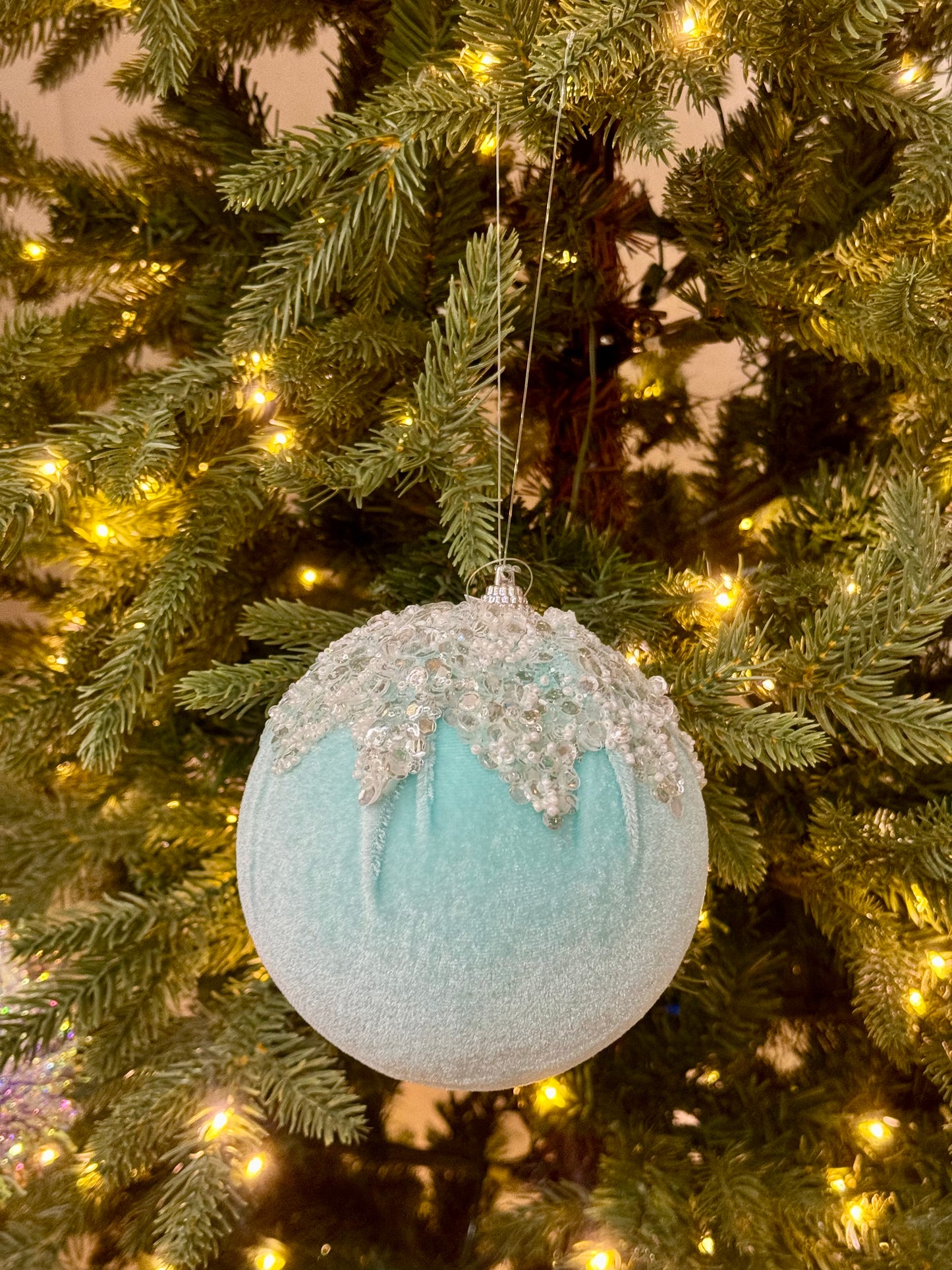 4.75 Inch Ice Blue Velvet Ornament With Sequin And Beaded Dripping