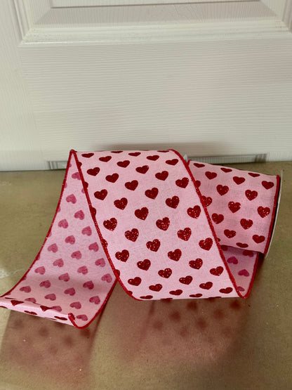 4 Inch By 10 Yard Pink And Red Glitter Heart Ribbon