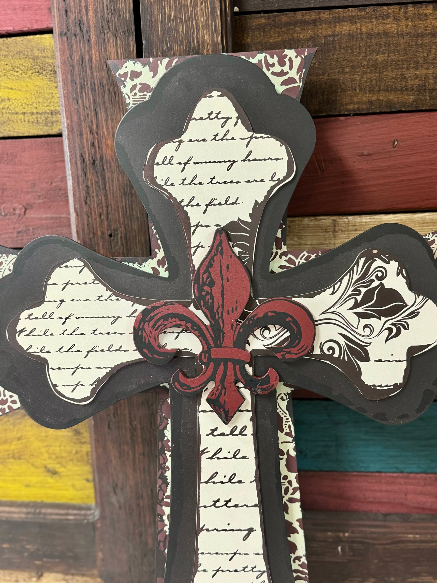 24 Inch By 17 Inch MDF Multi Layer Cross with Fleur De Lis