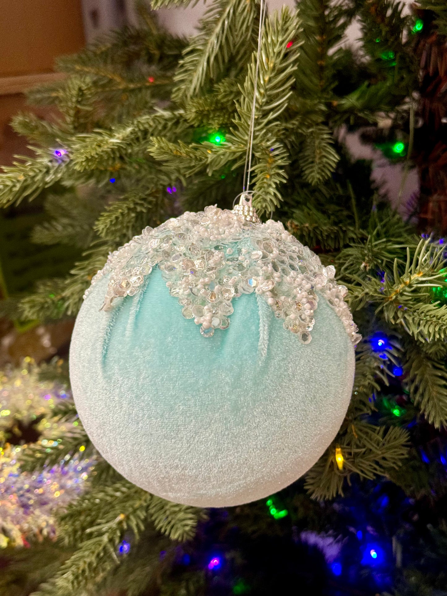 4.75 Inch Ice Blue Velvet Ornament With Sequin And Beaded Dripping