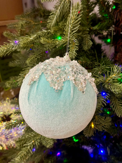 4.75 Inch Ice Blue Velvet Ornament With Sequin And Beaded Dripping