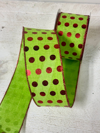 2.5 Inch By 10 Yard Lime Green And Red Metallic Polka Dot Ribbon