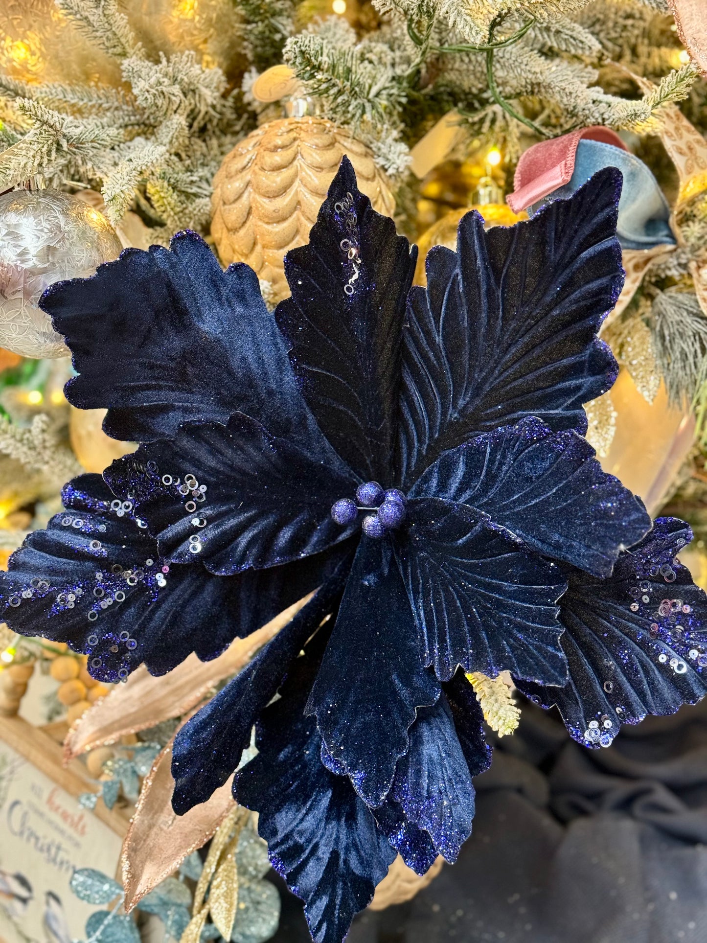 19 Inch Jumbo Navy Blue Velvet Poinsettia Stem