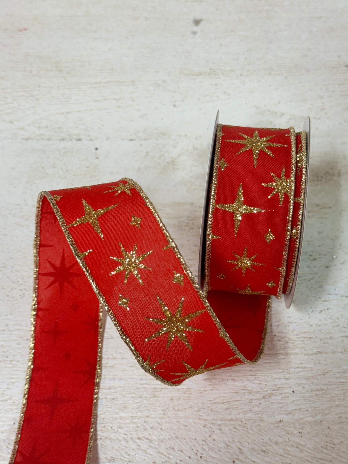 1.5 Inch By 10 Yard Red And Gold Retro Stars Ribbon