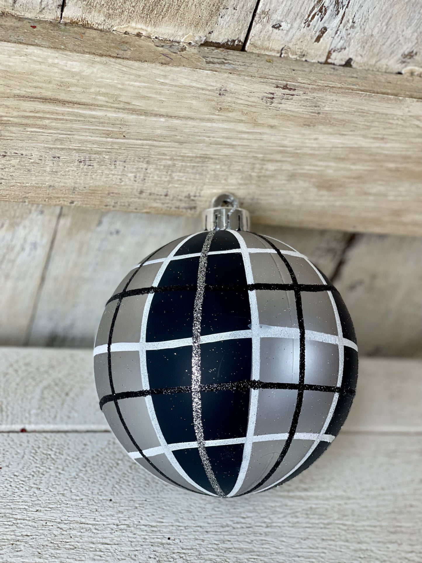 5 Inch Black White And Pewter Plaid Ornament Ball