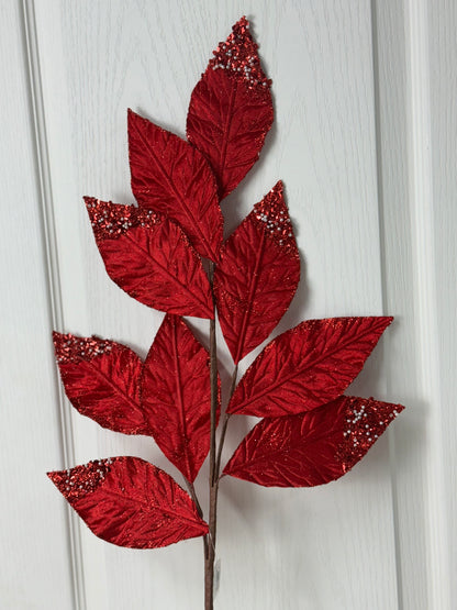 31.5 Inch Red Pressed Velvet Glitter Leaf Spray With Pearls