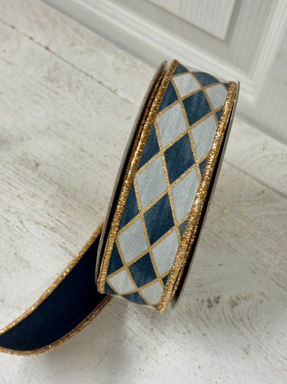 1.5 Inch By 10 Yard Black Gold And Cream Antique Harlequin Fused Ribbon