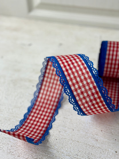 2.5 Inch By 10 Yard Red And White Gingham With Lace Blue Scalloped Edges Ribbon