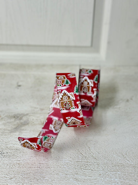 1.5 Inch By 10 Yard Red With Gingerbread Houses Ribbon