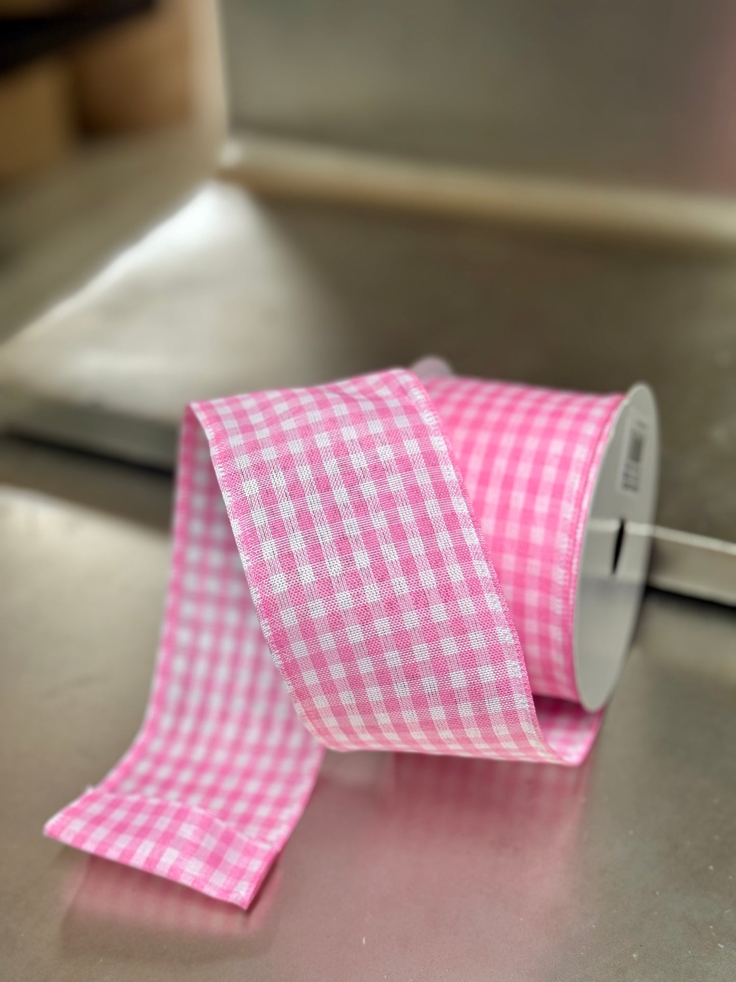 2.5 Inch By 10 Yard Light Pink And White Gingham Ribbon