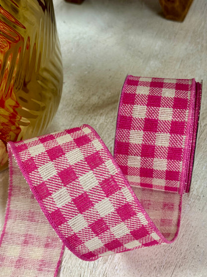 2.5 Inch By 10 Yard Hot Pink And White Gingham Twill Ribbon