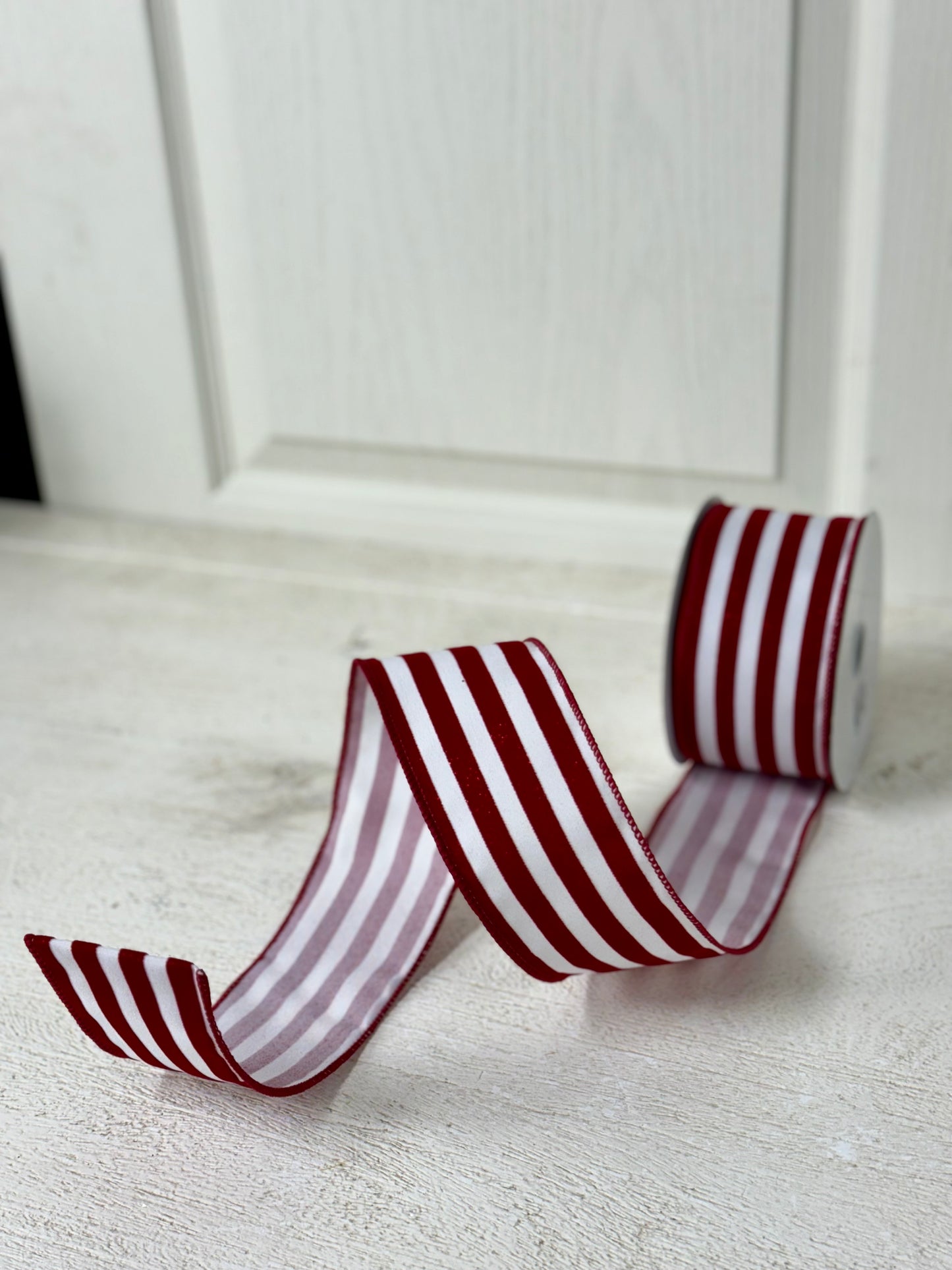 2.5 Inch By 10 Yards White Red Glitter Flocked Cabana Striped Ribbon