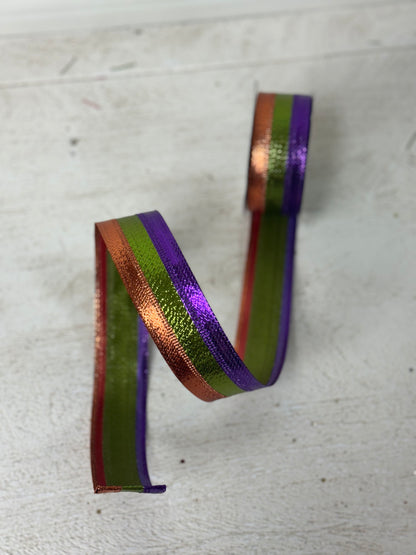 1.5 Inch By 10 Yard Purple Orange And Lime Metallic Stripe Ribbon