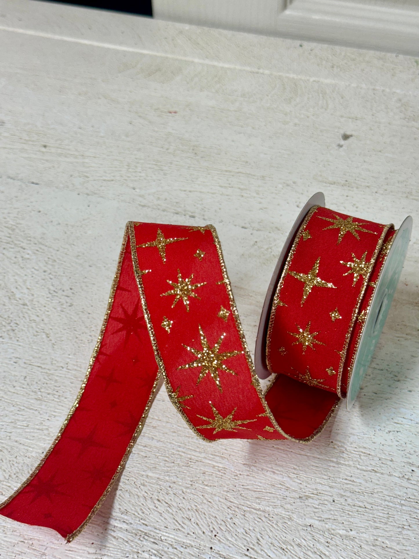 1.5 Inch By 10 Yard Red And Gold Retro Stars Ribbon