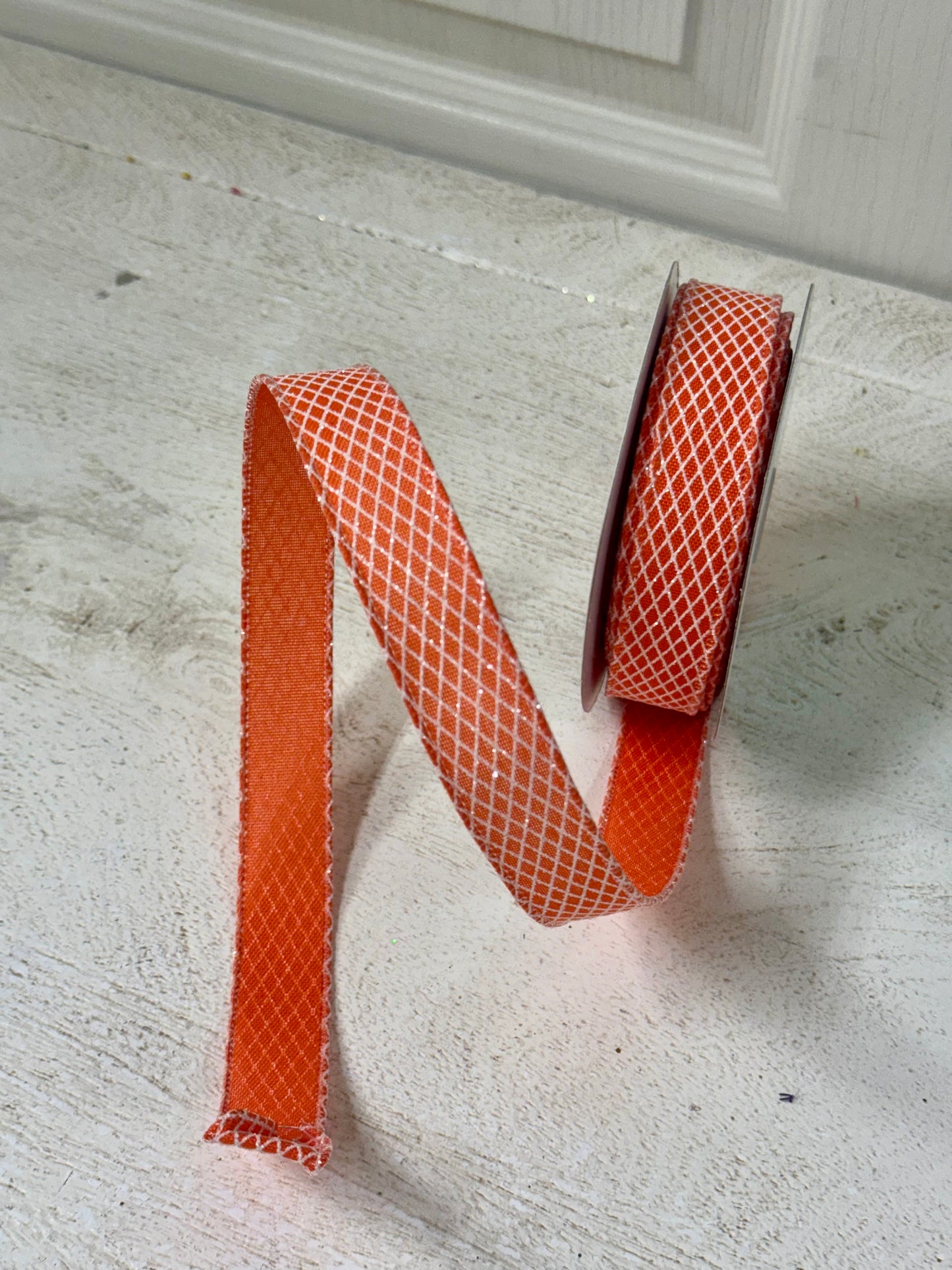 7/8 Inch By 10 Yard Orange And White Harlequin Ribbon