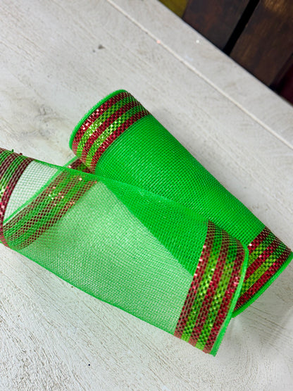 10 Inch By 10 Yard Lime And Red Border Stripe Metallic Mesh