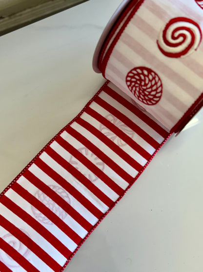 4 Inch By 10 Yard Red And White Peppermint Swirl Ribbon