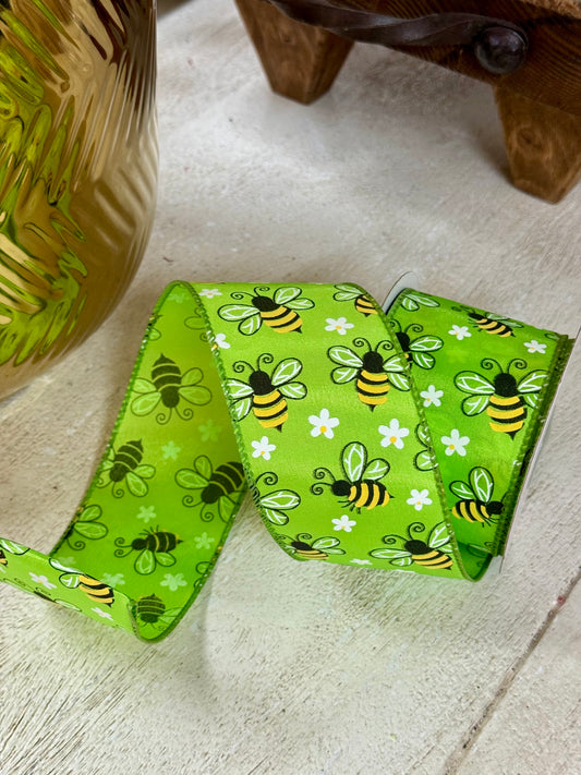 2.5 Inch By 10 Yard Lime Green Bumble Bees Ribbon