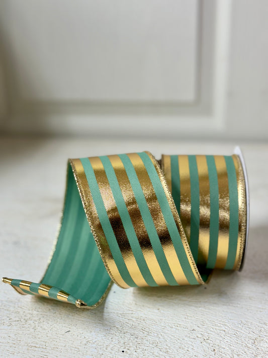 2.5 Inch By 10 Yard Sage Green And Gold Vertical Stripes Ribbon