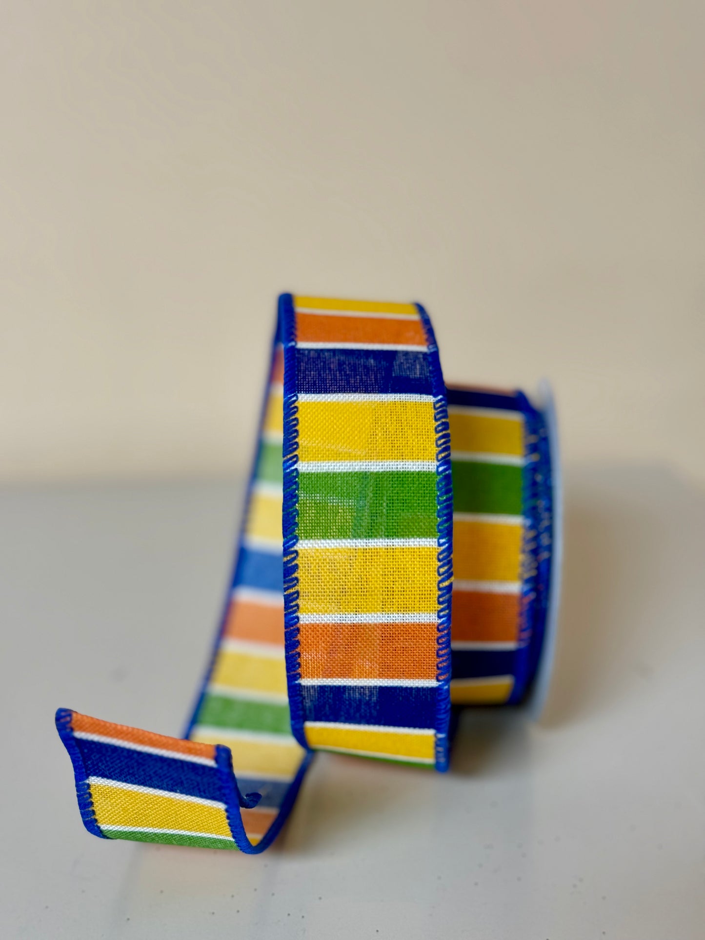 1.5 Inch By 10 Yard Royal Blue Yellow Orange and Green Striped Ribbon