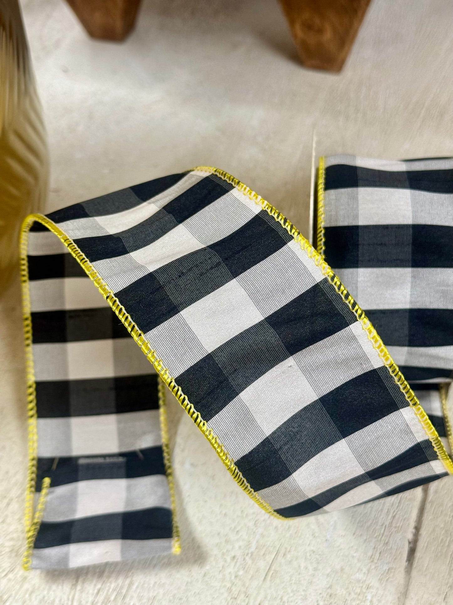 2.5 Inch By 10 Yard Black And White Gingham With Yellow Edging Ribbon