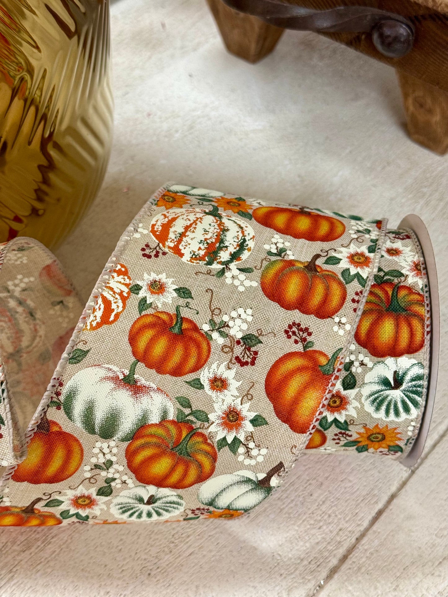 4 Inch By 10 Yard Orange Natural Harvest Pumpkins And Flowers Ribbon