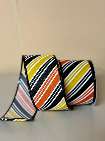 2.5 Inch By 10 Yard Orange Black And Yellow Diagonal Striped Ribbon