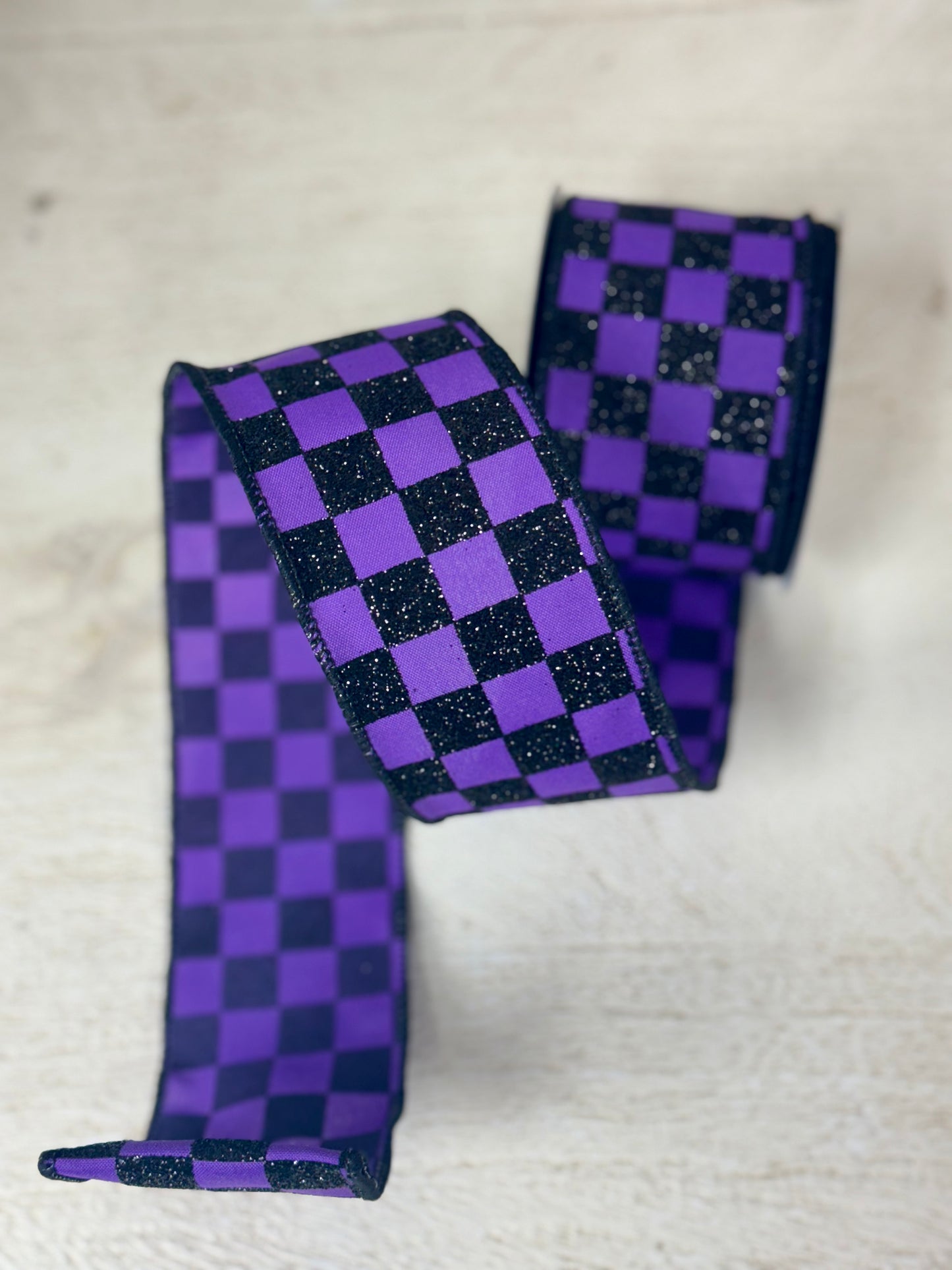 2.5 Inch By 10 Yard Purple And Black Glitter Check Ribbon