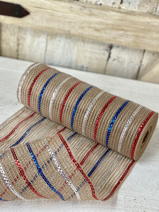 10.25 Inch By 10 Yard Red Blue And Silver Jute Metallic Mesh