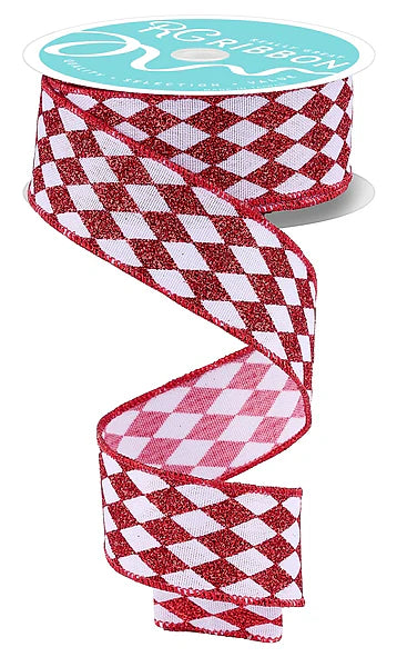 1.5 Inch By 10 Yard Red And White Glitter Harlequin Ribbon