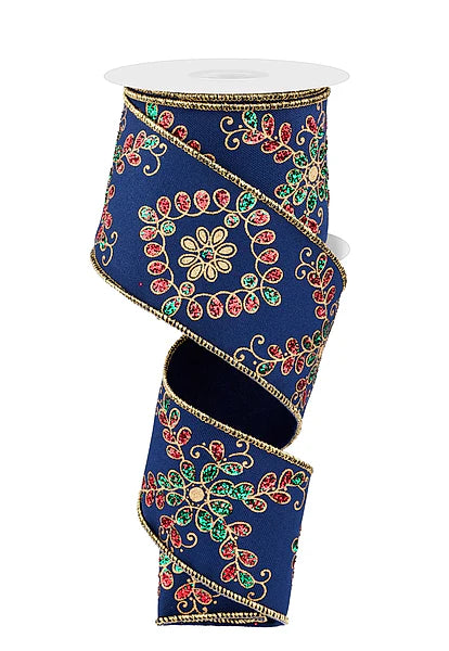 2.5 Inch By 10 Yard Navy Emerald And Red Ornate Loop Diamond Ribbon