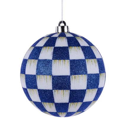 6 Inch Royal Blue And White Glitter Check Ornament