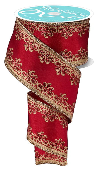 2.5 Inch By 10 Yard Red And Gold Lux Scallop Trim Ribbon