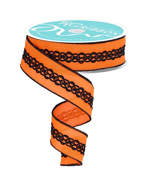 1.5 Inch By 10 Yard Orange And Black Lace On Faux Royal Ribbon