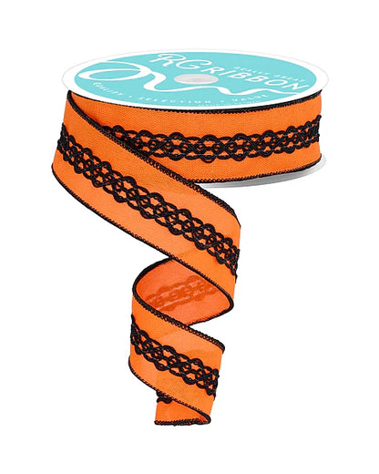 1.5 Inch By 10 Yard Orange And Black Lace On Faux Royal Ribbon