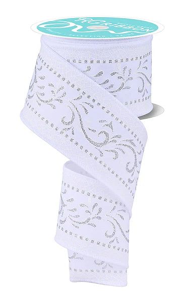 2.5 Inch By 10 Yard White And Silver Swirls Ribbon