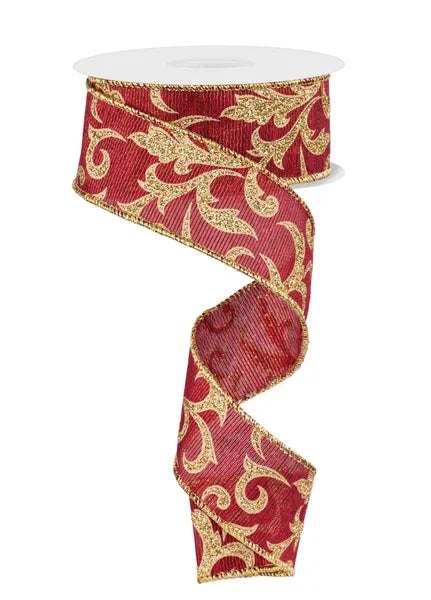 1.5 Inch Burgundy And Gold Acanthus Leaf Metallic Ribbon
