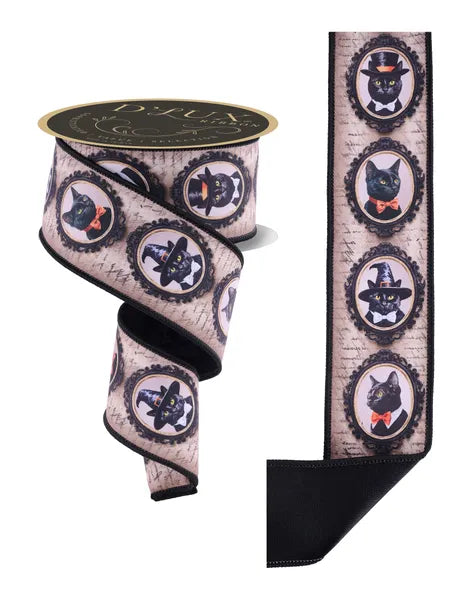 2.5 Inch By 10 Yard Black And Grey Vintage Black Cat Fused Ribbon