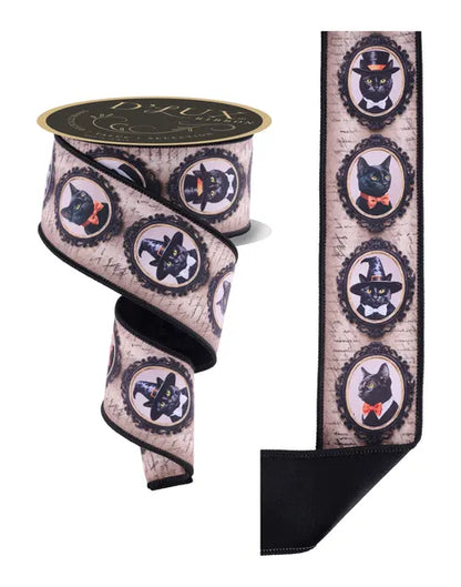2.5 Inch By 10 Yard Black And Grey Vintage Black Cat Fused Ribbon