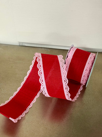 2.5 Inch By 10 Yard Red And Pink Lace Edge Royal Burlap Ribbon