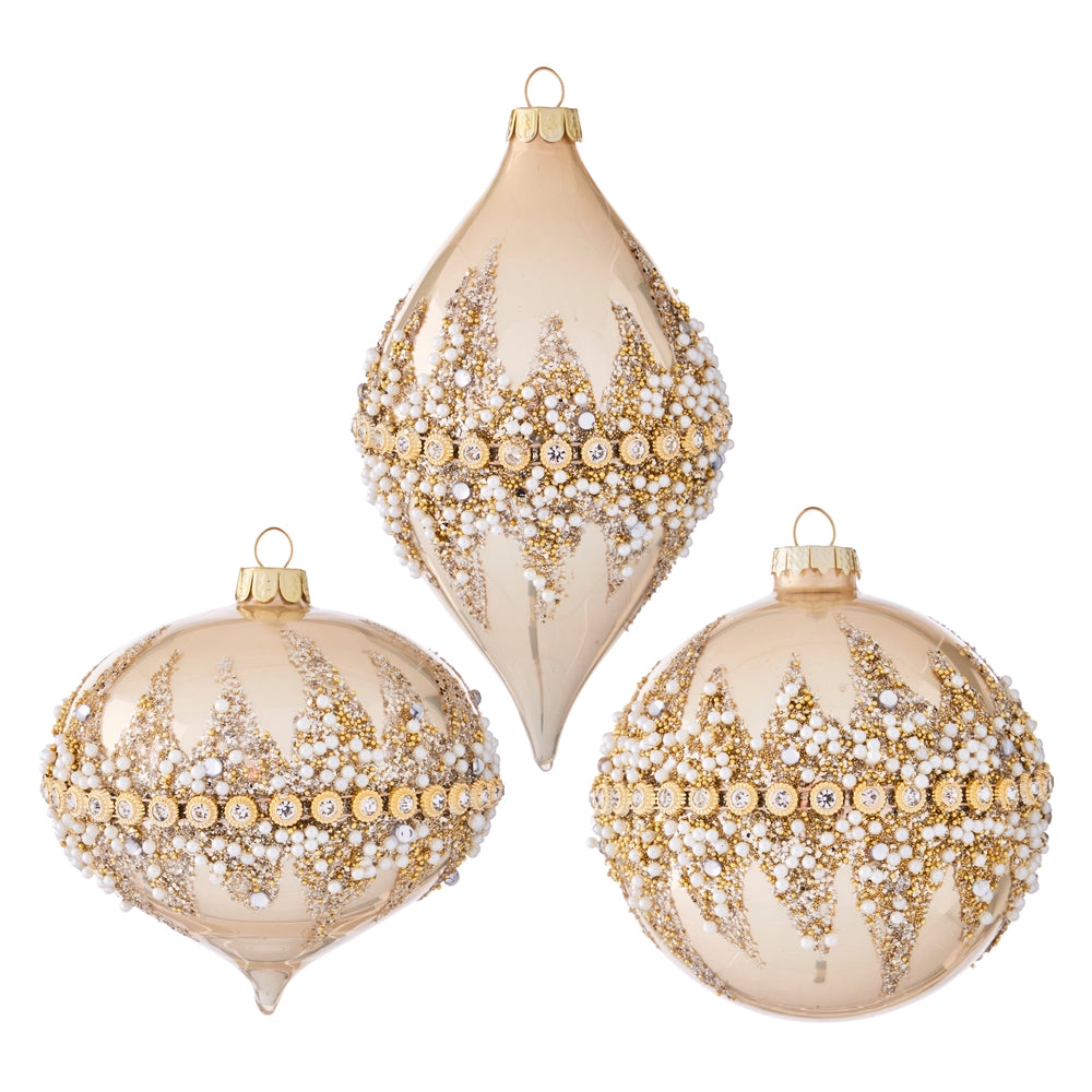4 Inch Champagne And Cream Beaded Glass Ornament Three Assorted