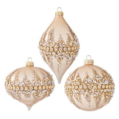 4 Inch Champagne And Cream Beaded Glass Ornament Three Assorted